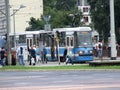 Tramway at the ÃÅ¡widnicka tramway stop collecting passengers in WrocÃâaw. Royalty Free Stock Photo